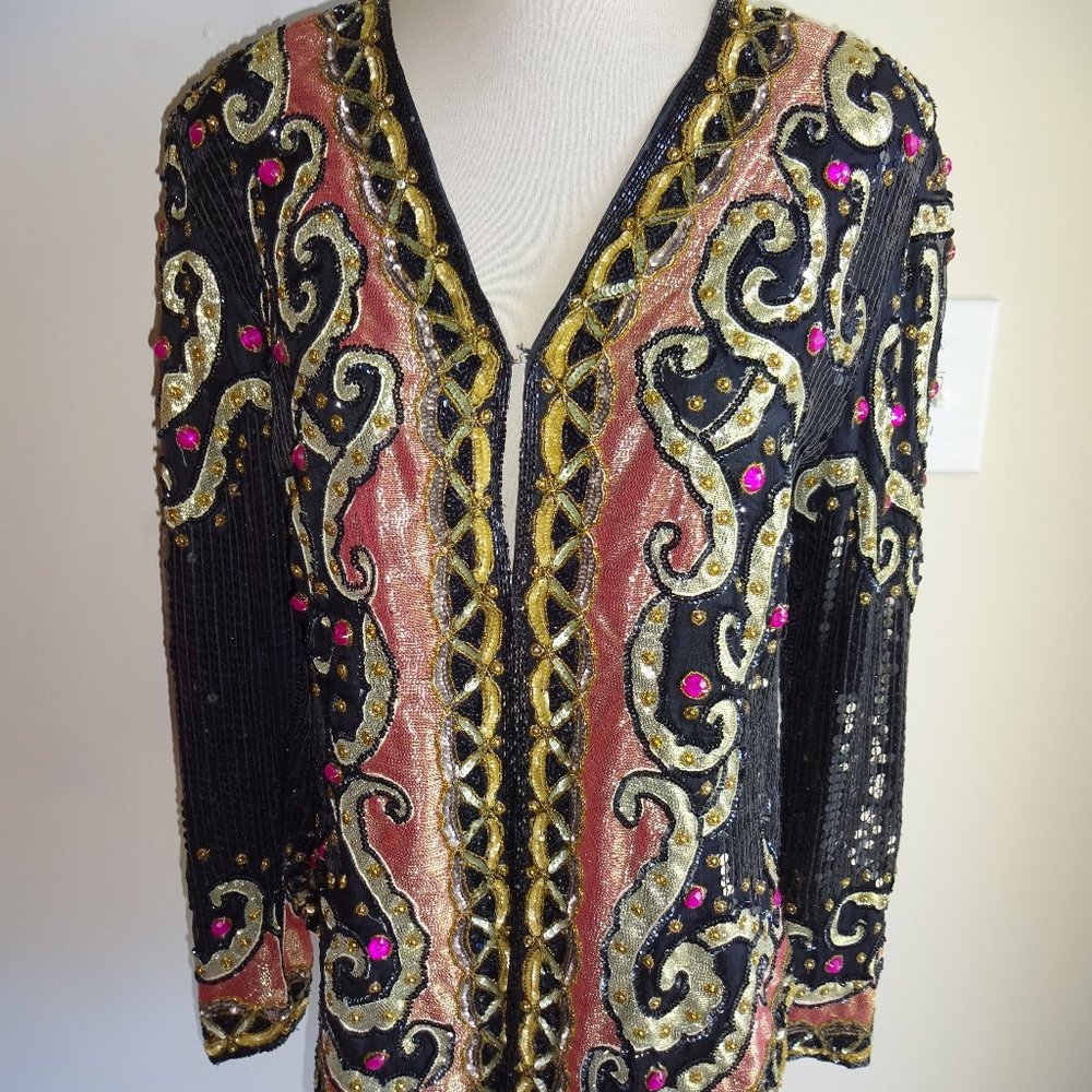 NOS Womens Vintage 1980s/1990s Black Sequin Pure Silk Jacket M Rhinestones Lined